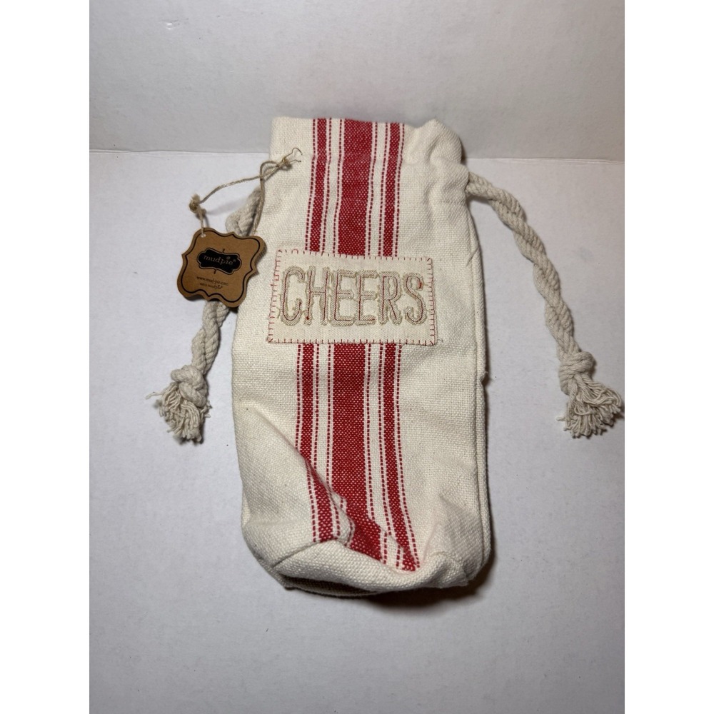 Mudpie  "Cheers" Red & Creaml/White Canvas Wine Bag/Tote Reusable Giftable